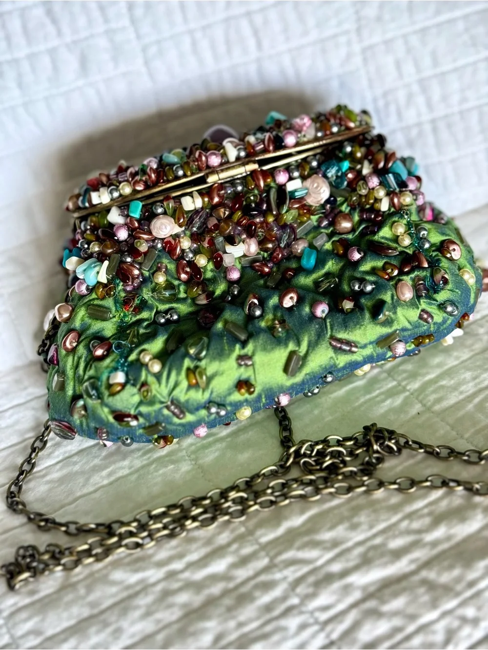 Vintage Mary Frances Beaded Green Embellished Evening Clutch with Chain
